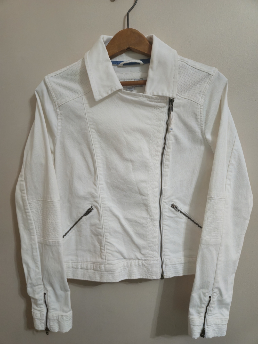 Boden White Denim Moto Jacket Womens Asymmetrical Zip Textured Panels Size 8